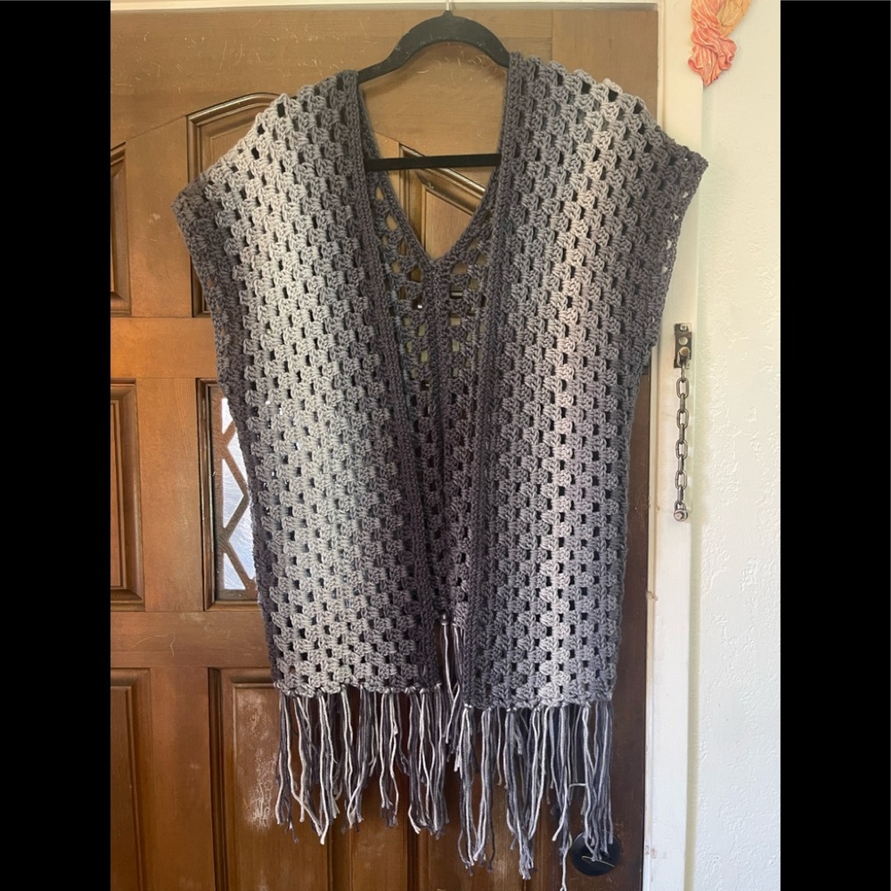 Hand crocheted by me. Granny stitch grey sleeveless open vest